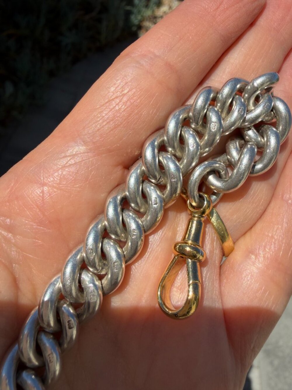 Chunky antique sterling silver curb chain bracelet with XL gold dog clip, 6.5"